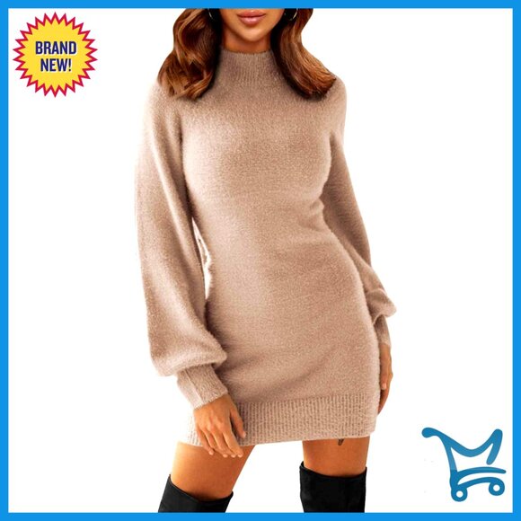 Mock Neck Ribbed Bodycon Pullover Sweater Dress Long Sleeve Mini Y2K Chic